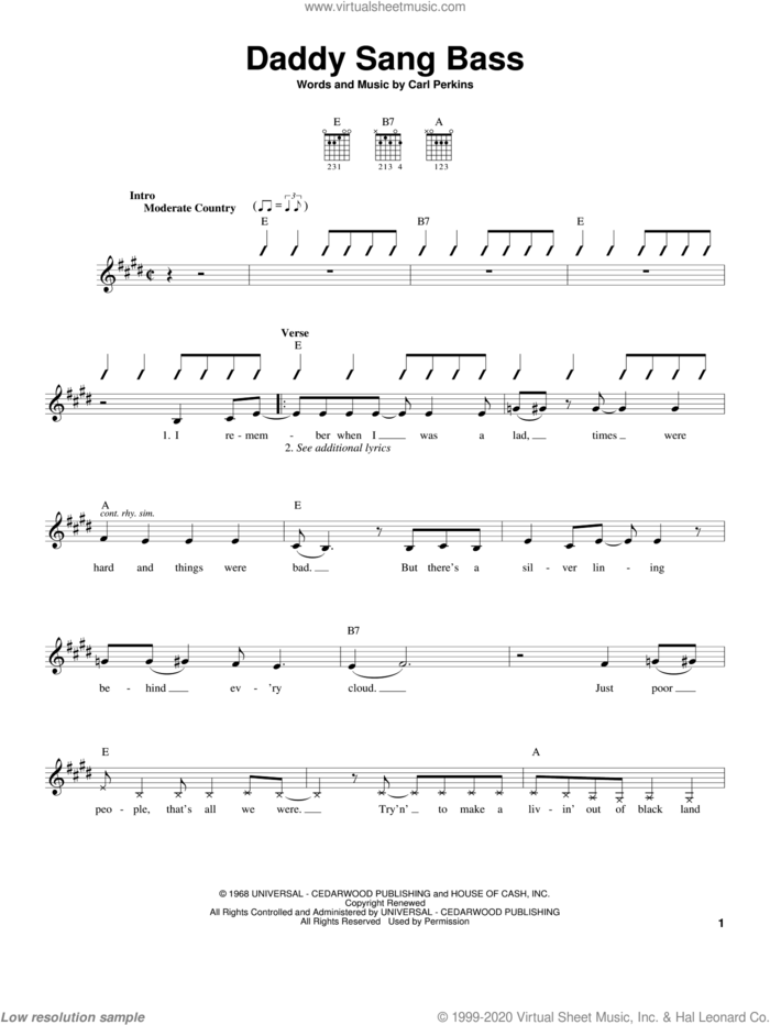 Daddy Sang Bass sheet music for guitar solo (chords) by Johnny Cash, Oak Ridge Boys and Carl Perkins, easy guitar (chords)