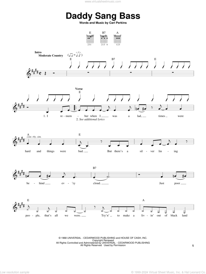 Daddy Sang Bass sheet music for guitar solo (chords) by Johnny Cash, Oak Ridge Boys and Carl Perkins, easy guitar (chords)