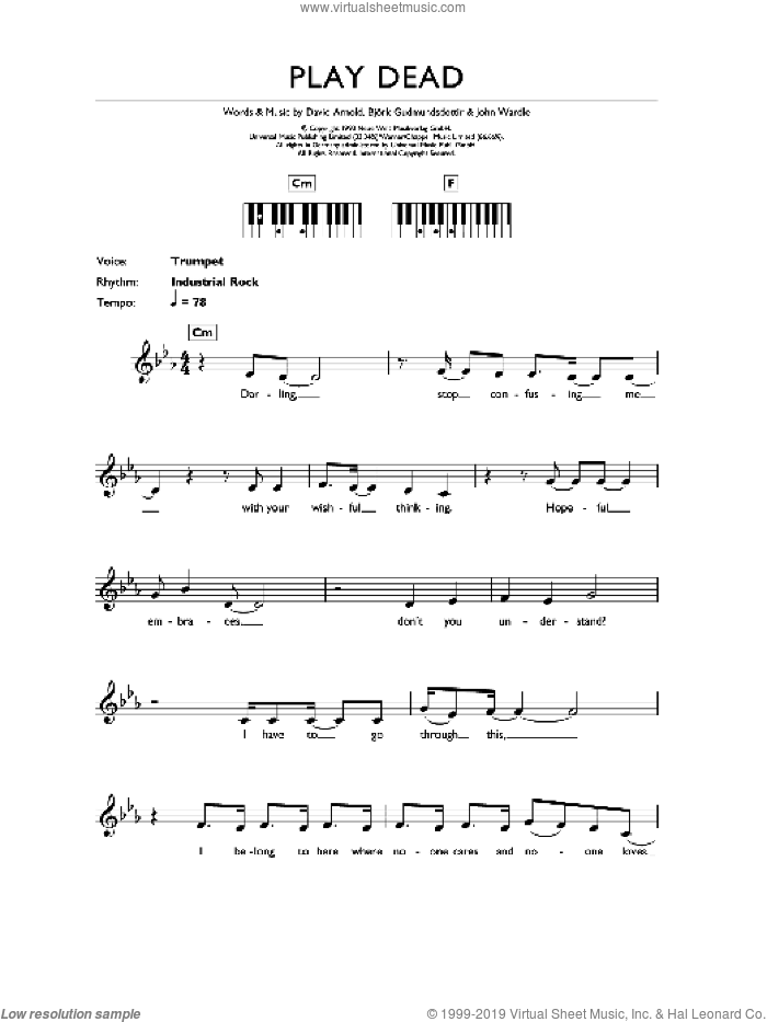 Play Dead sheet music for piano solo (chords, lyrics, melody) by Bjork Gudmundsdottir, David Arnold and John Wardle, intermediate piano (chords, lyrics, melody)