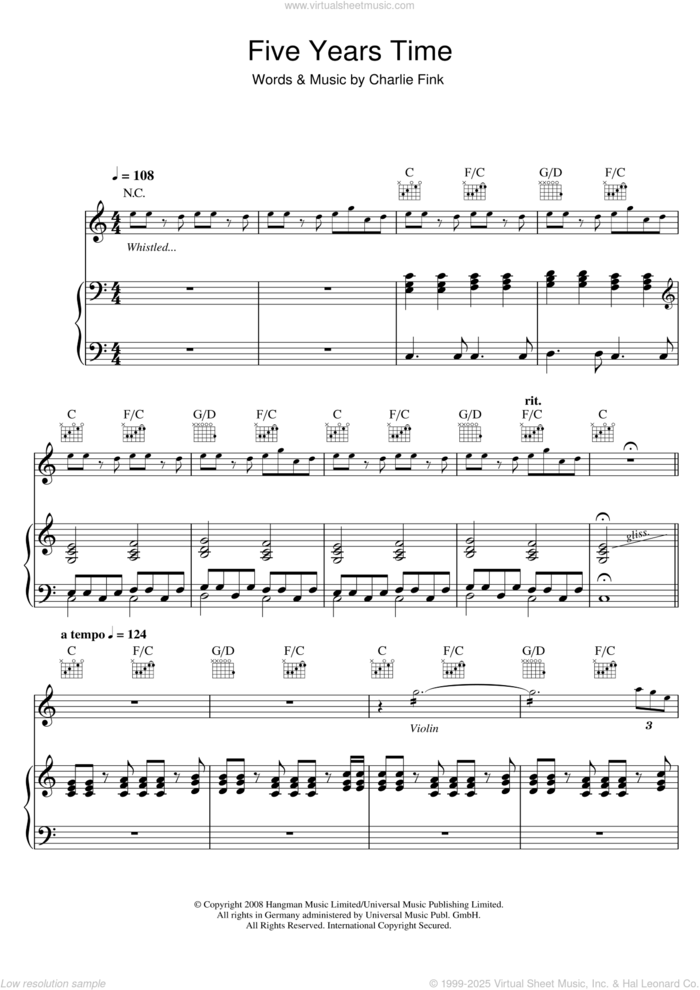 5 Years Time sheet music for voice, piano or guitar by Noah And The Whale and Charlie Fink, intermediate skill level