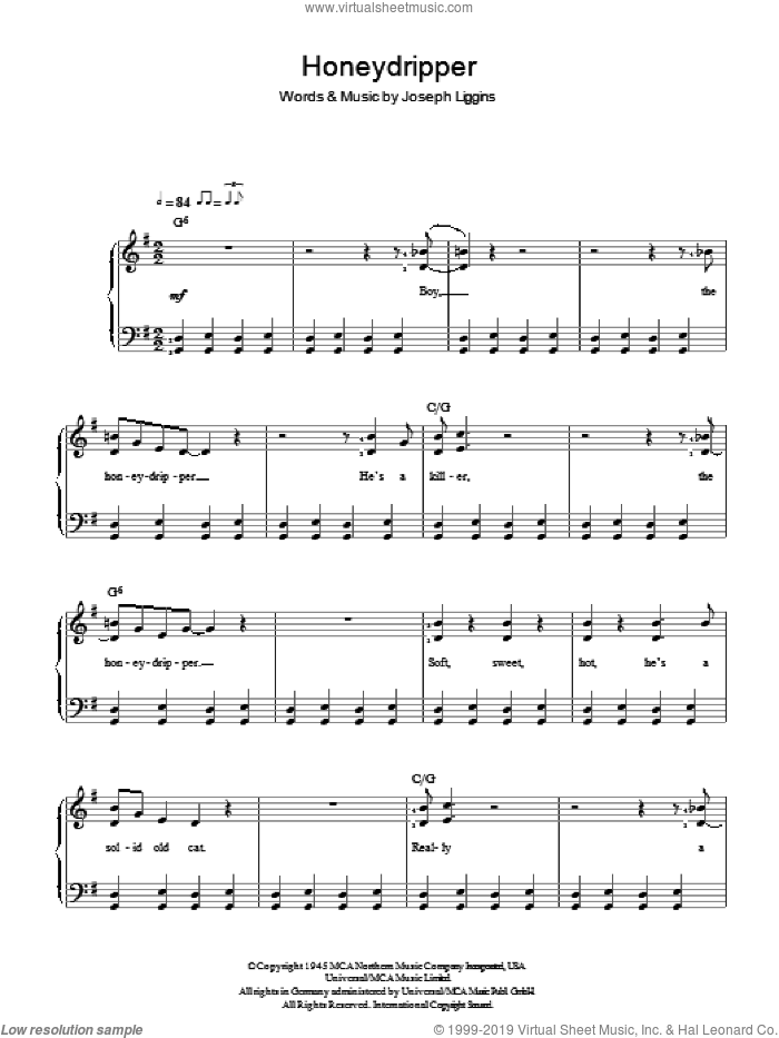Honeydripper sheet music for piano solo by Joe Liggins and Joseph Liggins, easy skill level