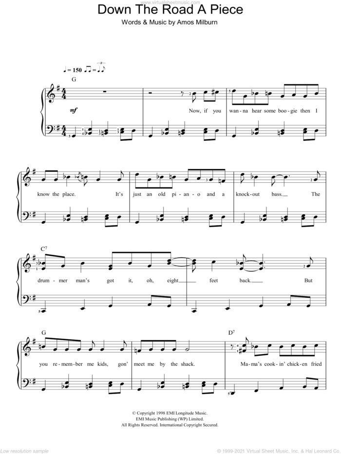 Down The Road A Piece sheet music for piano solo by Amos Milburn, easy skill level