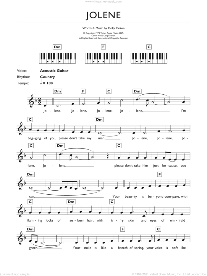 Jolene sheet music for piano solo (keyboard) by Dolly Parton, intermediate piano (keyboard)