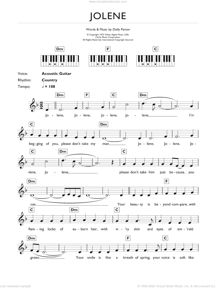 Jolene sheet music for piano solo (keyboard) by Dolly Parton, intermediate piano (keyboard)