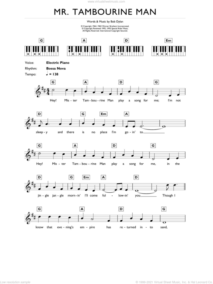 Mr. Tambourine Man sheet music for piano solo (chords, lyrics, melody) by Bob Dylan, intermediate piano (chords, lyrics, melody)