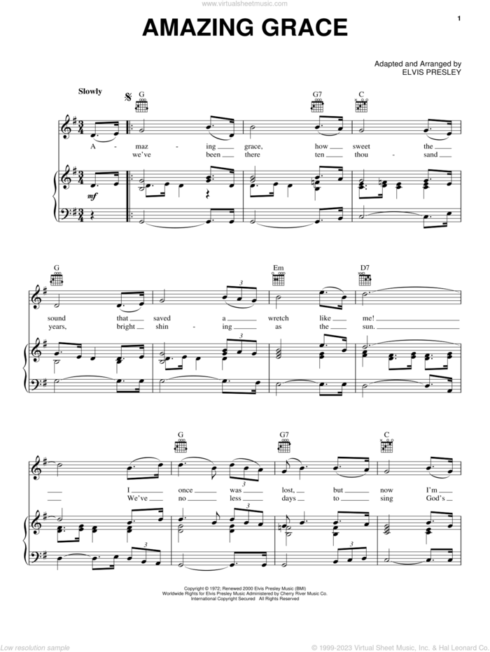 Amazing Grace sheet music for voice, piano or guitar by Elvis Presley and Miscellaneous, intermediate skill level