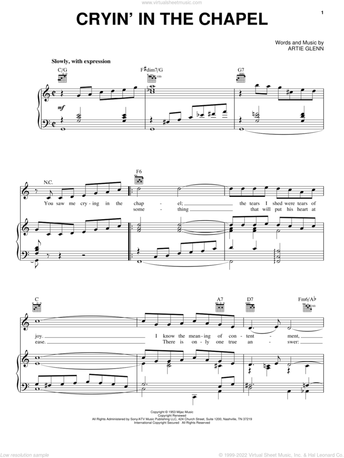 Crying In The Chapel sheet music for voice, piano or guitar by Elvis Presley and Artie Glenn, intermediate skill level