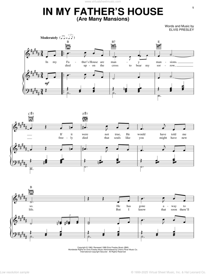 In My Father's House (Are Many Mansions) sheet music for voice, piano or guitar by Elvis Presley and Miscellaneous, intermediate skill level