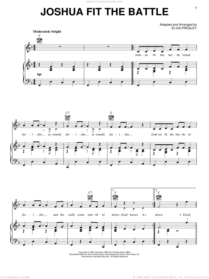 Joshua Fit The Battle sheet music for voice, piano or guitar by Elvis Presley and Miscellaneous, intermediate skill level