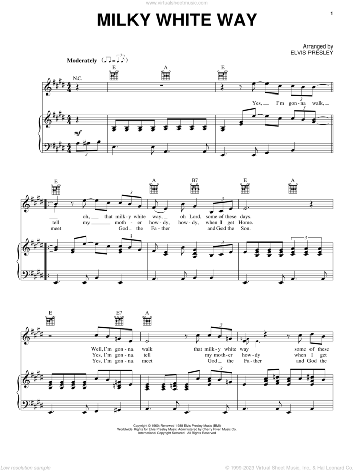 Milky White Way sheet music for voice, piano or guitar by Elvis Presley, intermediate skill level