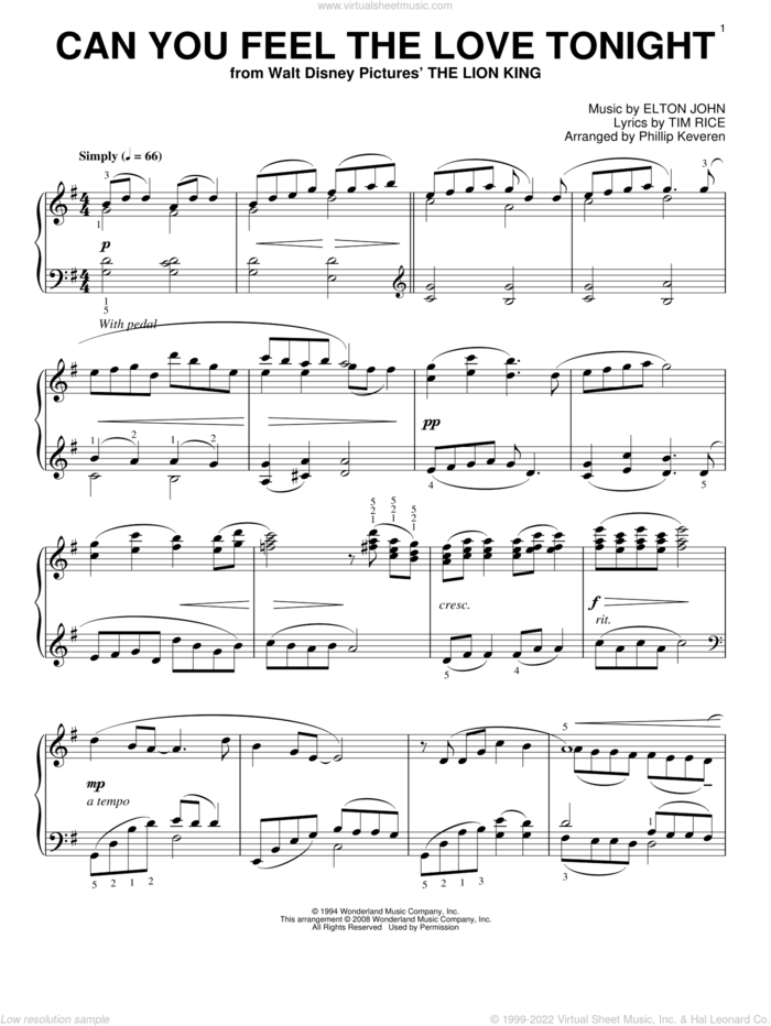 Can You Feel The Love Tonight [Classical version] (from The Lion King) (arr. Phillip Keveren), (intermediate) sheet music for piano solo by Elton John, Phillip Keveren, The Lion King and Tim Rice, wedding score, intermediate skill level
