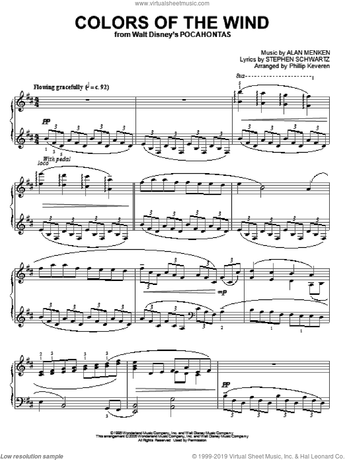 Colors Of The Wind [Classical version] (from Pocahontas) (arr. Phillip Keveren) sheet music for piano solo by Alan Menken, Phillip Keveren, Vanessa Williams and Stephen Schwartz, intermediate skill level