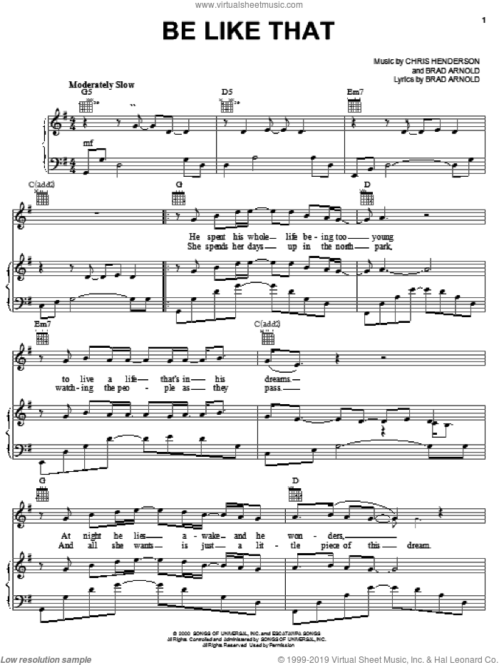 Be Like That sheet music for voice, piano or guitar by 3 Doors Down, Brad Arnold and Chris Henderson, intermediate skill level