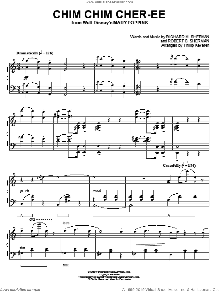 Chim Chim Cher-ee [Classical version] (from Mary Poppins) (arr. Phillip Keveren) sheet music for piano solo by Dick Van Dyke, Phillip Keveren, Mary Poppins (Movie), Sherman Brothers, Richard M. Sherman and Robert B. Sherman, intermediate skill level