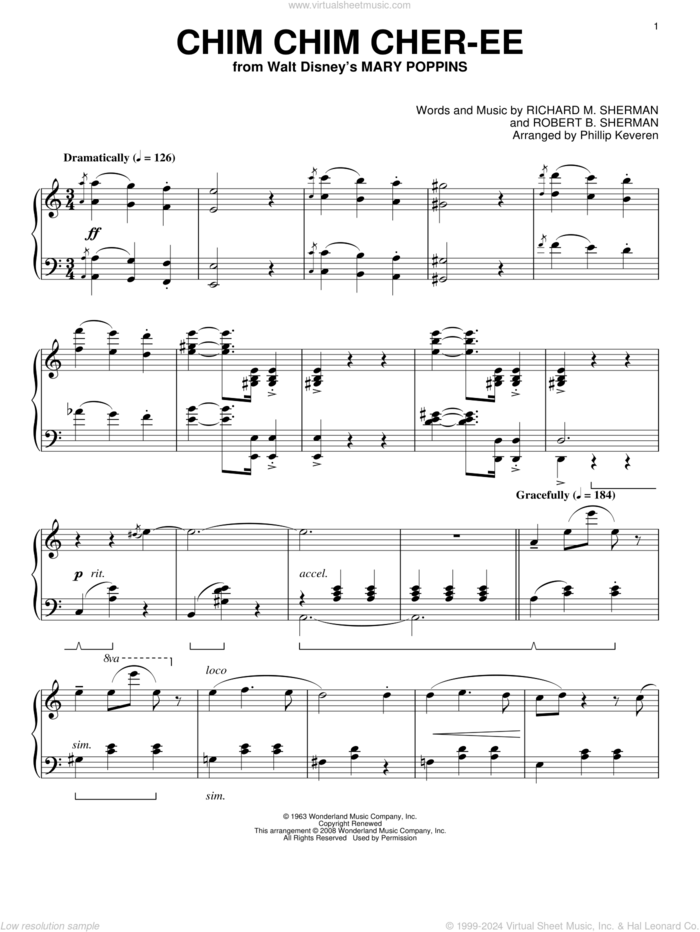 Chim Chim Cher-ee [Classical version] (from Mary Poppins) (arr. Phillip Keveren) sheet music for piano solo by Dick Van Dyke, Phillip Keveren, Mary Poppins (Movie), Sherman Brothers, Richard M. Sherman and Robert B. Sherman, intermediate skill level