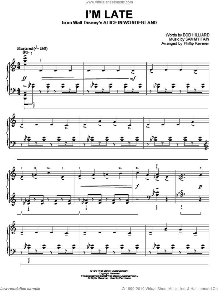 I'm Late [Classical version] (from Alice In Wonderland) (arr. Phillip Keveren) sheet music for piano solo by Sammy Fain, Phillip Keveren and Bob Hilliard, intermediate skill level