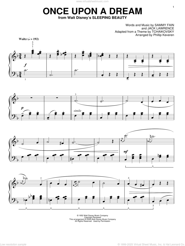 Once Upon A Dream [Classical version] (arr. Phillip Keveren) sheet music for piano solo by Sammy Fain, Phillip Keveren and Jack Lawrence, intermediate skill level