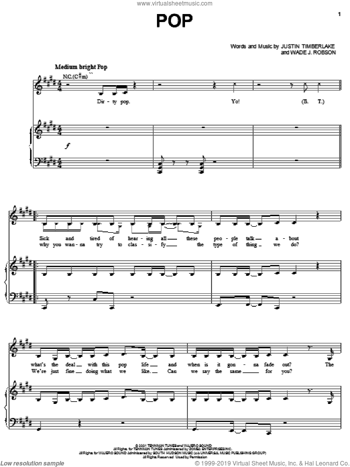 Pop sheet music for voice, piano or guitar by 'N Sync, Justin Timberlake and Wade Robson, intermediate skill level
