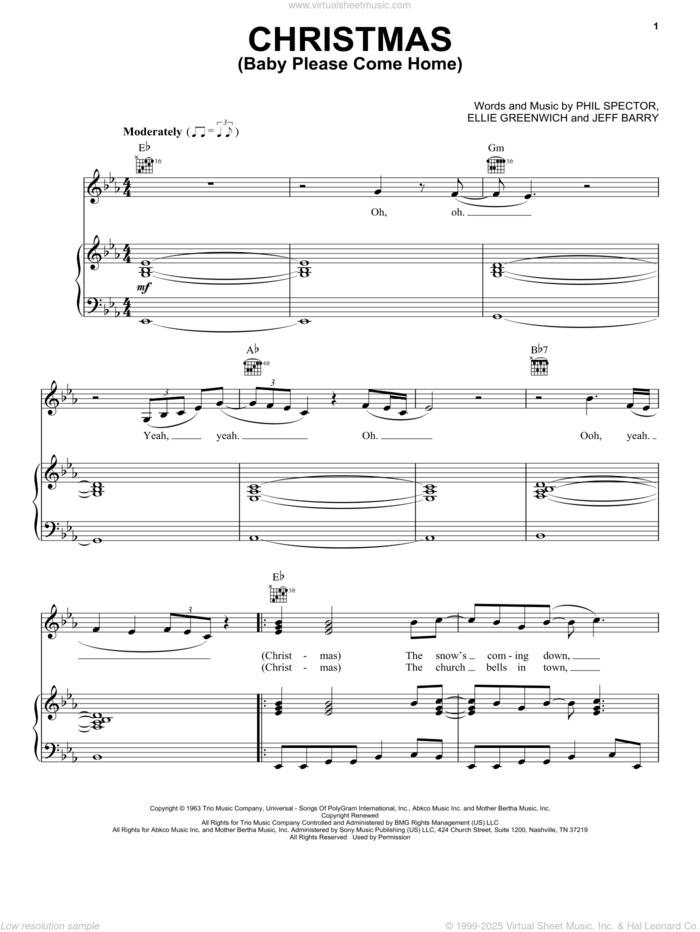 Christmas (Baby Please Come Home) sheet music for voice, piano or guitar by Mariah Carey, Ellie Greenwich, Jeff Barry and Phil Spector, intermediate skill level