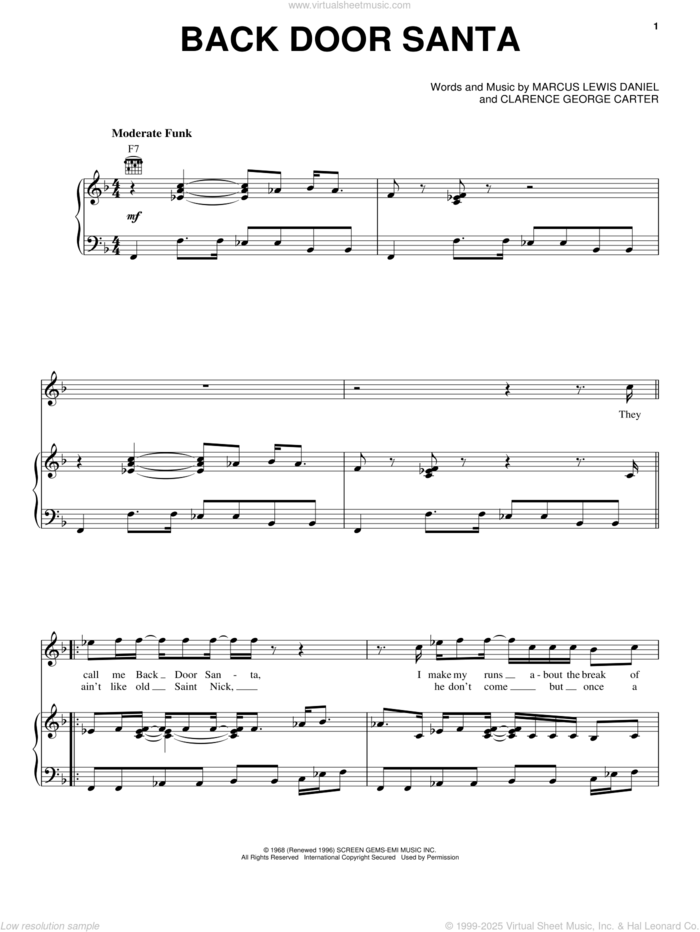 Back Door Santa sheet music for voice, piano or guitar by Clarence Carter and Marcus Lewis Daniel, intermediate skill level