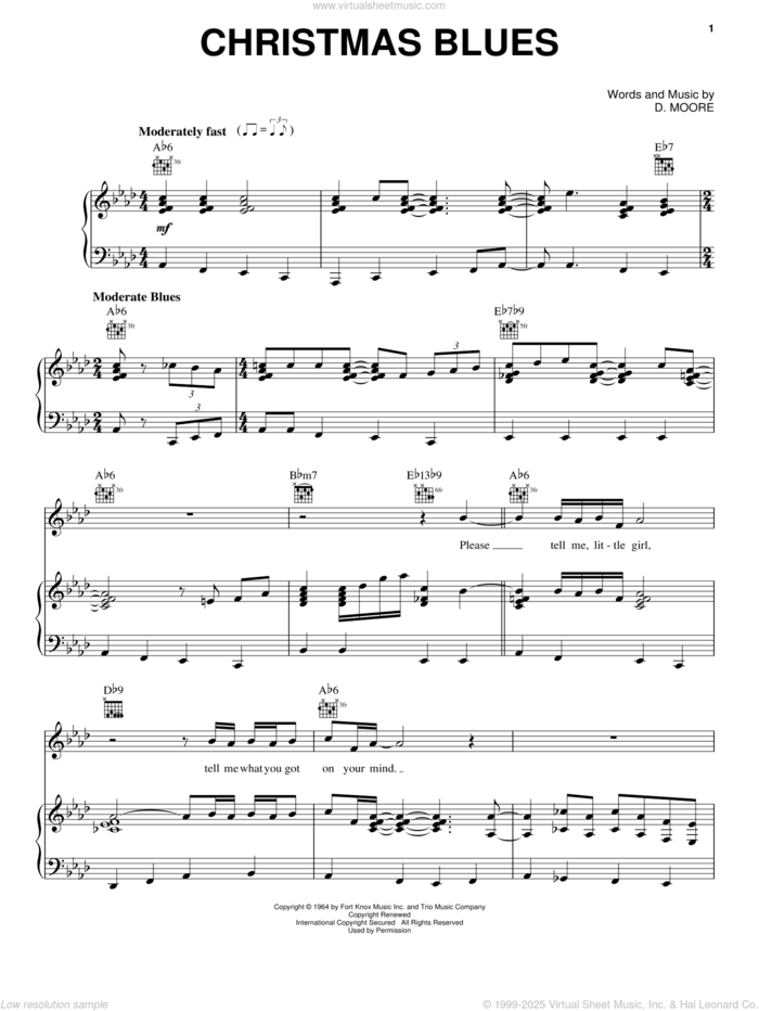 Christmas Blues sheet music for voice, piano or guitar by Gatemouth Moore and Daniel Moore, intermediate skill level