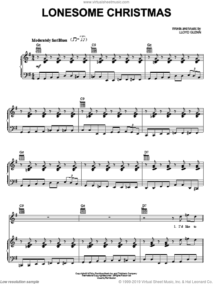 Lonesome Christmas sheet music for voice, piano or guitar by Lloyd Glenn, intermediate skill level