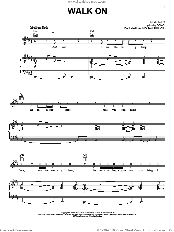 Walk On sheet music for voice, piano or guitar by U2 and Bono, intermediate skill level
