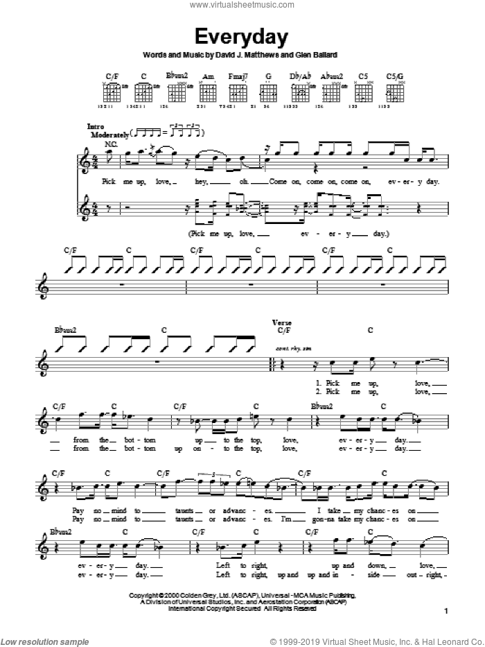 Everyday sheet music for guitar solo (chords) by Dave Matthews Band and Glen Ballard, easy guitar (chords)
