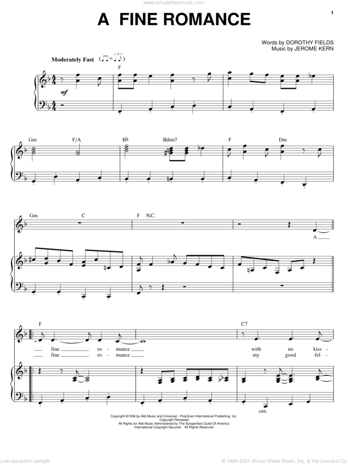 A Fine Romance sheet music for voice and piano by Billie Holiday, Dorothy Fields and Jerome Kern, intermediate skill level