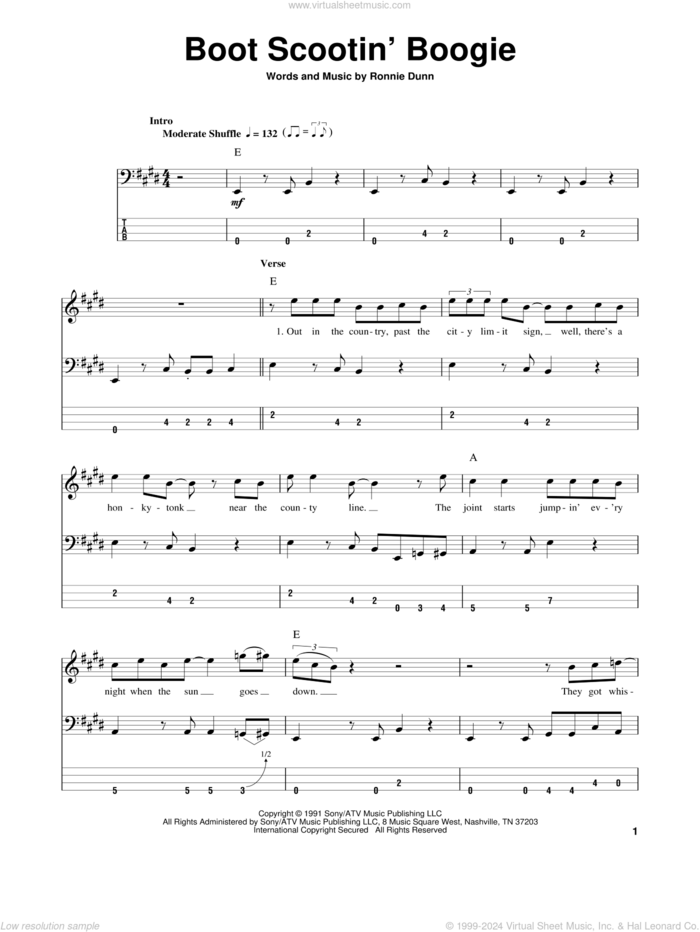 Boot Scootin' Boogie sheet music for bass (tablature) (bass guitar) by Brooks & Dunn and Ronnie Dunn, intermediate skill level