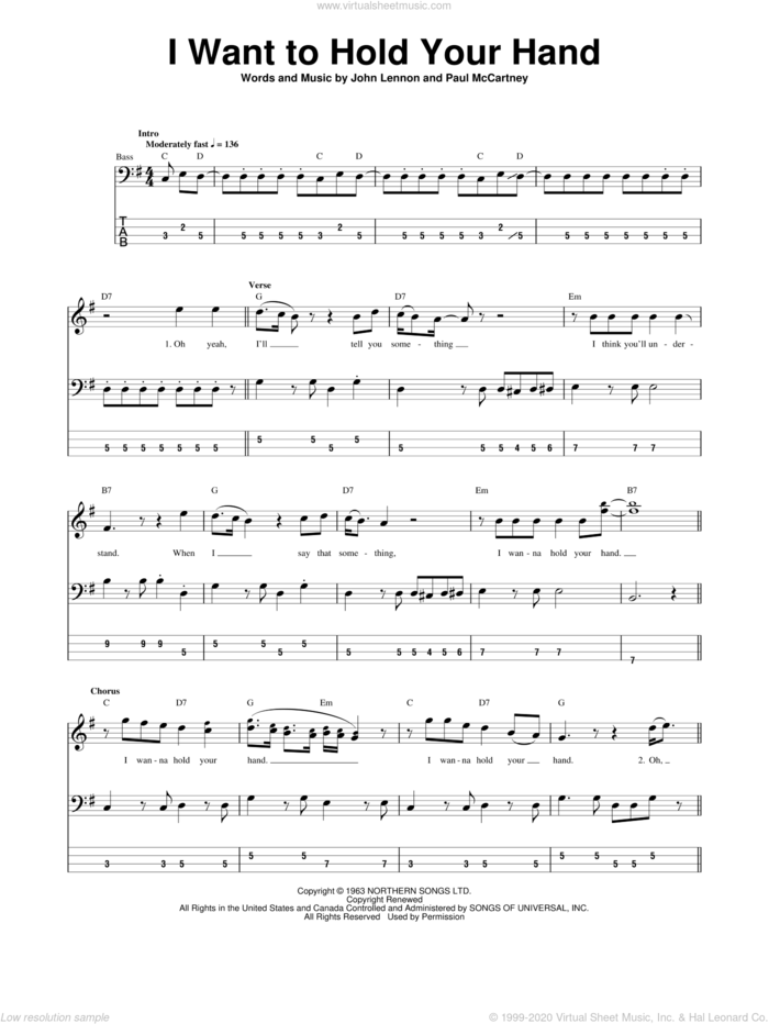 I Want To Hold Your Hand sheet music for bass (tablature) (bass guitar) by The Beatles, John Lennon and Paul McCartney, intermediate skill level