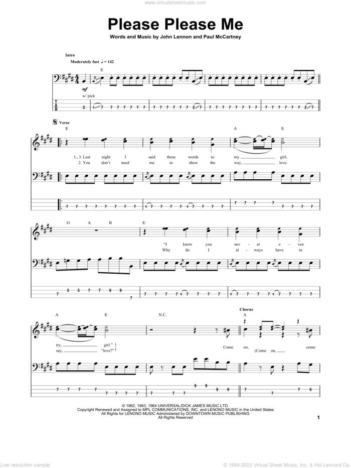 Please Please Me sheet music for bass (tablature) (bass guitar) by The Beatles, John Lennon and Paul McCartney, intermediate skill level