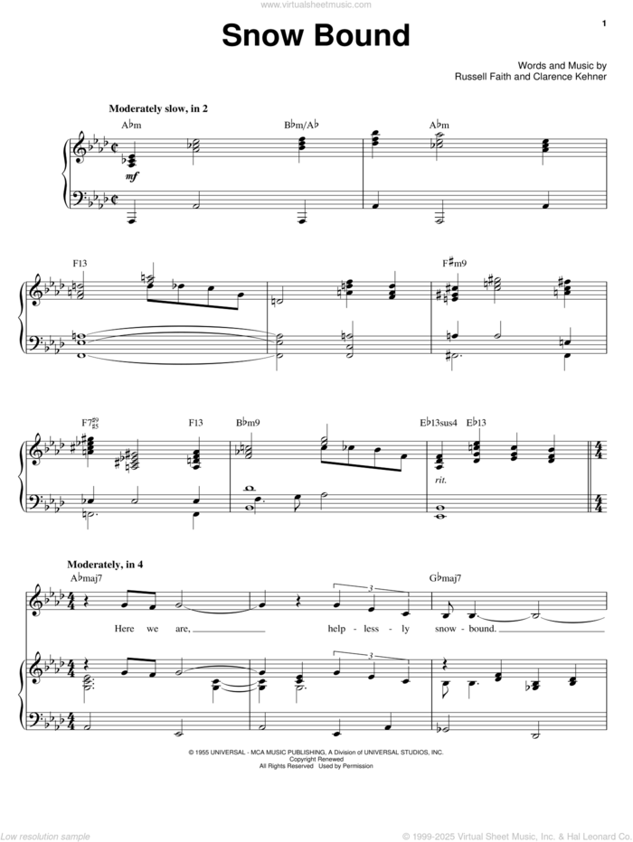 Snow Bound sheet music for voice, piano or guitar by Barbra Streisand, Clarence Kehner and Russel Faith, intermediate skill level