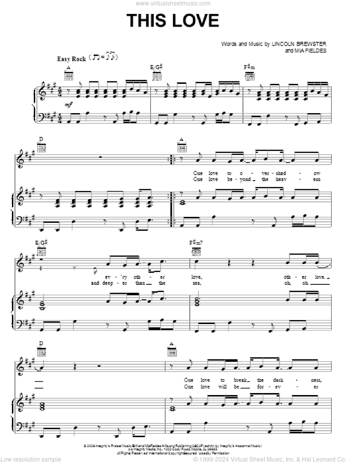 This Love sheet music for voice, piano or guitar by Lincoln Brewster and Mia Fieldes, intermediate skill level