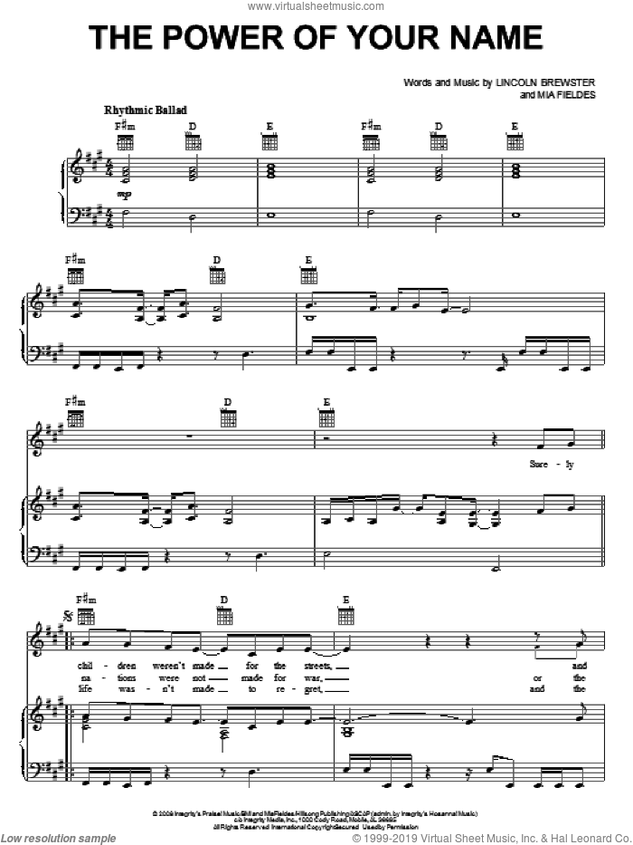 The Power Of Your Name sheet music for voice, piano or guitar by Lincoln Brewster and Mia Fieldes, intermediate skill level