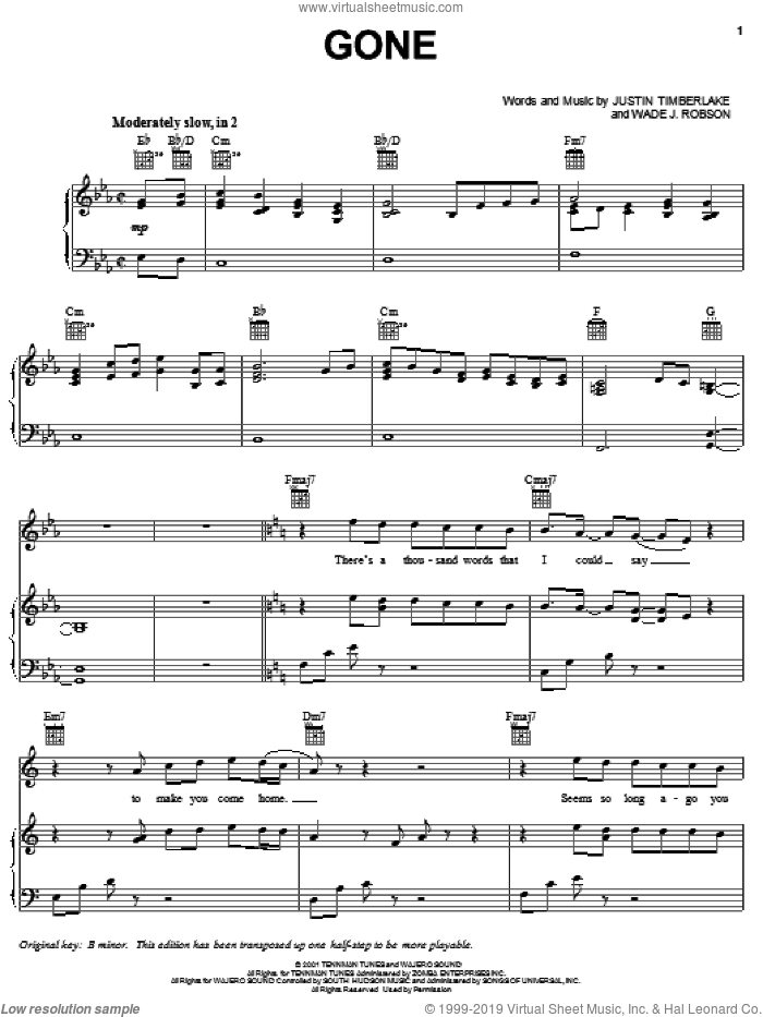 Gone sheet music for voice, piano or guitar by 'N Sync, Justin Timberlake and Wade Robson, intermediate skill level
