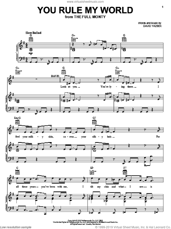 You Rule My World (from The Full Monty) sheet music for voice, piano or guitar by David Yazbek, intermediate skill level