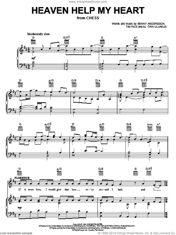 Heaven Help My Heart sheet music for voice, piano or guitar by Tim Rice, Chess (Musical), Benny Andersson and Bjorn Ulvaeus, intermediate skill level