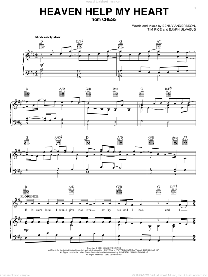 Heaven Help My Heart sheet music for voice, piano or guitar by Tim Rice, Chess (Musical), Benny Andersson and Bjorn Ulvaeus, intermediate skill level