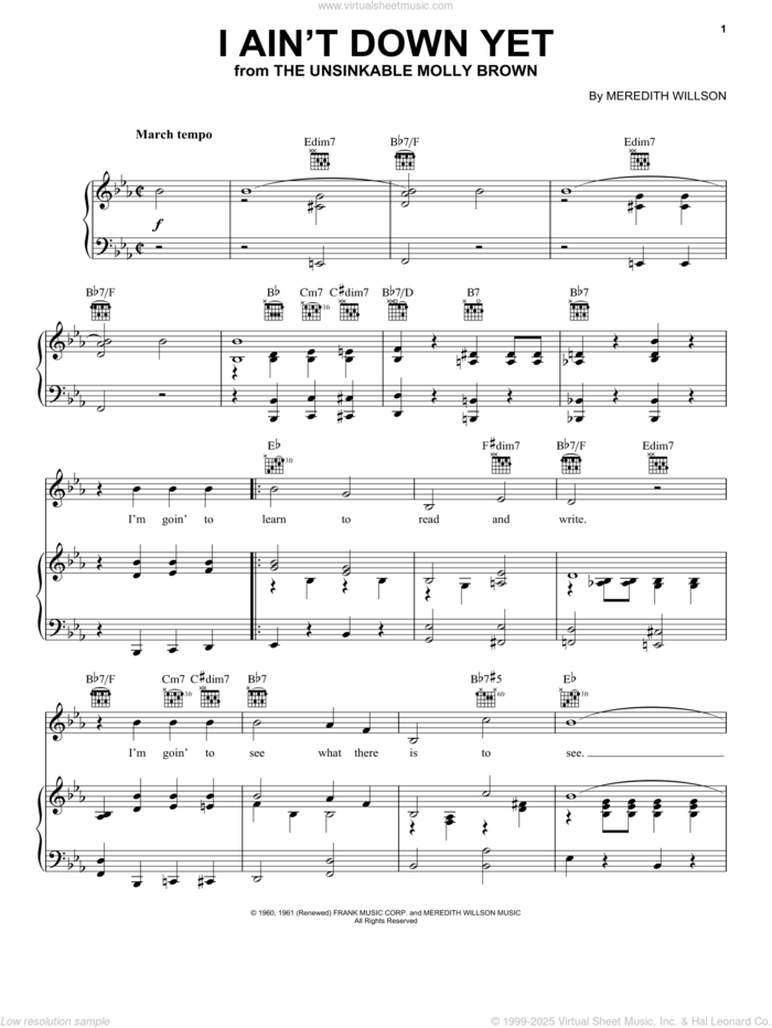 I Ain't Down Yet sheet music for voice, piano or guitar by Meredith Willson, intermediate skill level