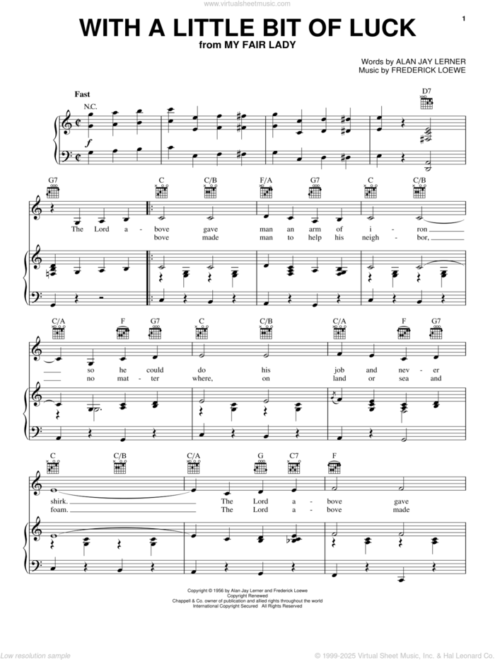 With A Little Bit Of Luck sheet music for voice, piano or guitar by Lerner & Loewe, My Fair Lady (Musical), Alan Jay Lerner and Frederick Loewe, intermediate skill level