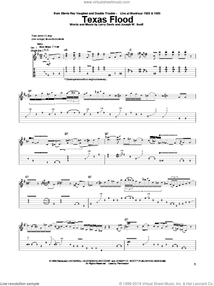 Texas Flood sheet music for guitar (tablature) by Stevie Ray Vaughan, Josey Scott and Larry Davis, intermediate skill level