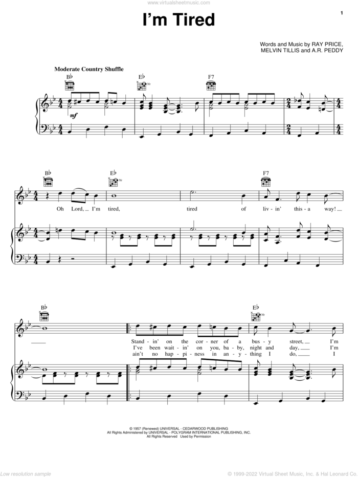 I'm Tired sheet music for voice, piano or guitar by Ray Price, A.R. Peddy and Mel Tillis, intermediate skill level