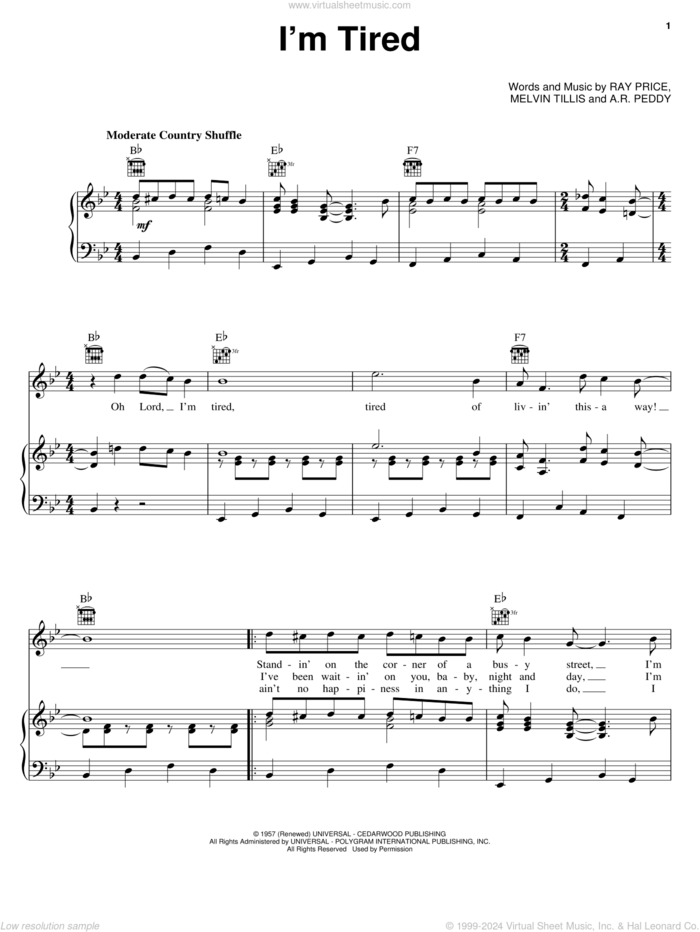 I'm Tired sheet music for voice, piano or guitar by Ray Price, A.R. Peddy and Mel Tillis, intermediate skill level