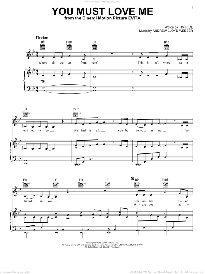 You Must Love Me (from Evita) sheet music for voice, piano or guitar by Andrew Lloyd Webber, Evita (Musical), Madonna and Tim Rice, intermediate skill level