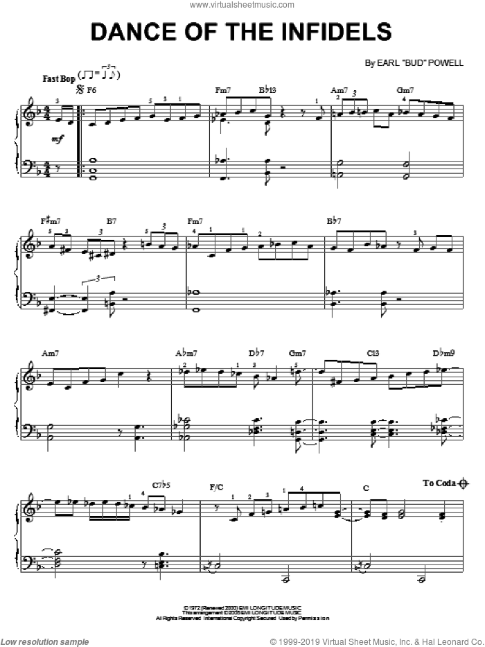 Dance Of The Infidels sheet music for piano solo by Bud Powell, intermediate skill level