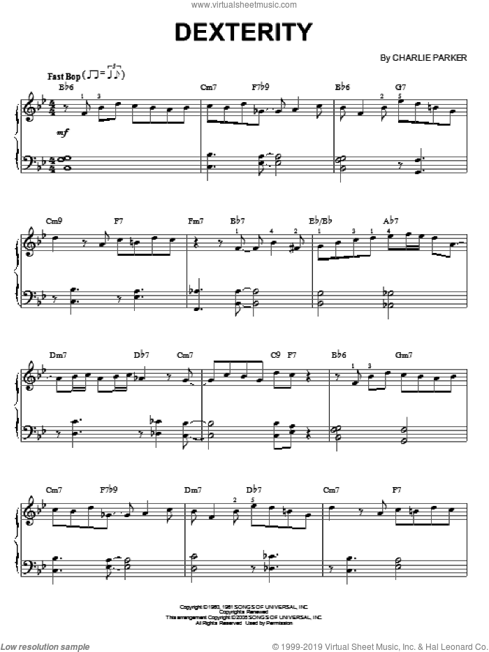 Dexterity sheet music for piano solo by Charlie Parker, intermediate skill level