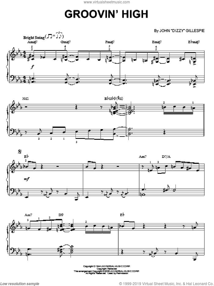 Groovin' High sheet music for piano solo by Charlie Parker and Dizzy Gillespie, intermediate skill level