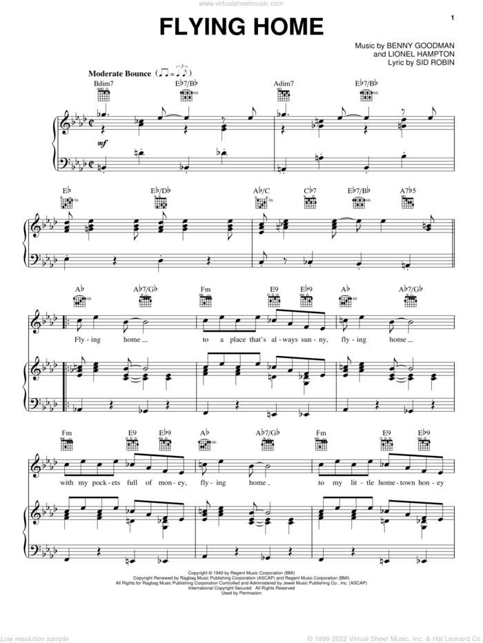 Flying Home sheet music for voice, piano or guitar by Benny Goodman and Lionel Hampton, intermediate skill level