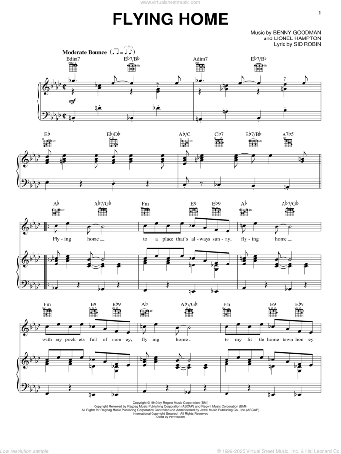 Flying Home sheet music for voice, piano or guitar by Benny Goodman and Lionel Hampton, intermediate skill level